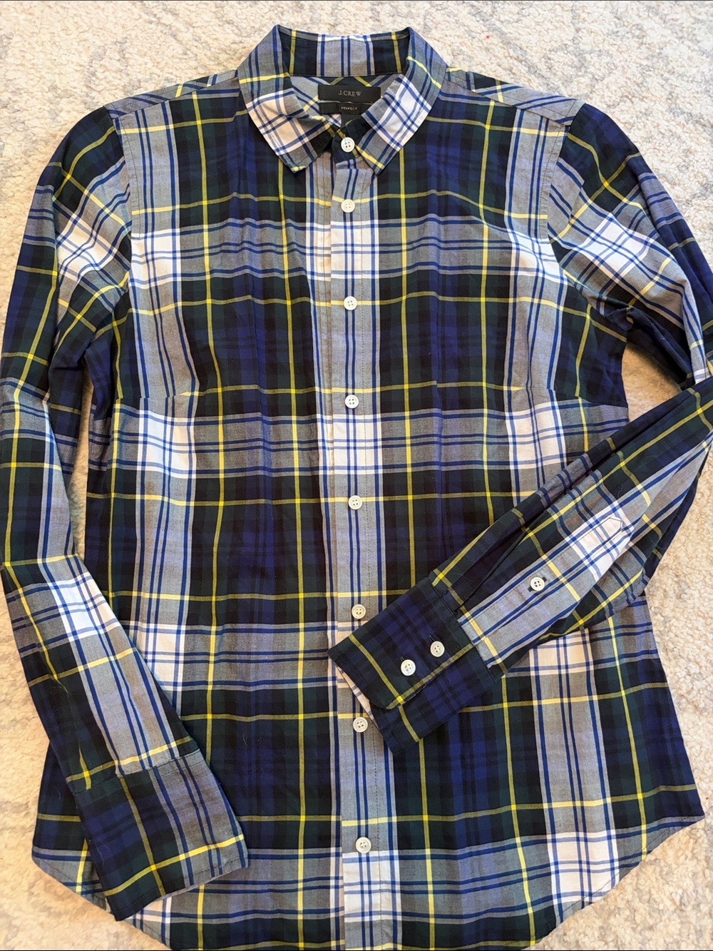 J. Crew Navy, Green & White Plaid Cotton Button-Down Shirt